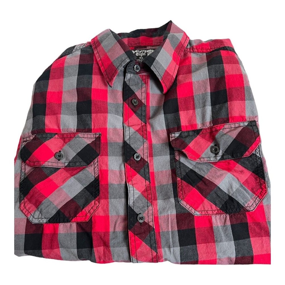 Eighty Eight Mens Button up Shirt Size XL Red‎ Gray Black Plaid Long Sleeve